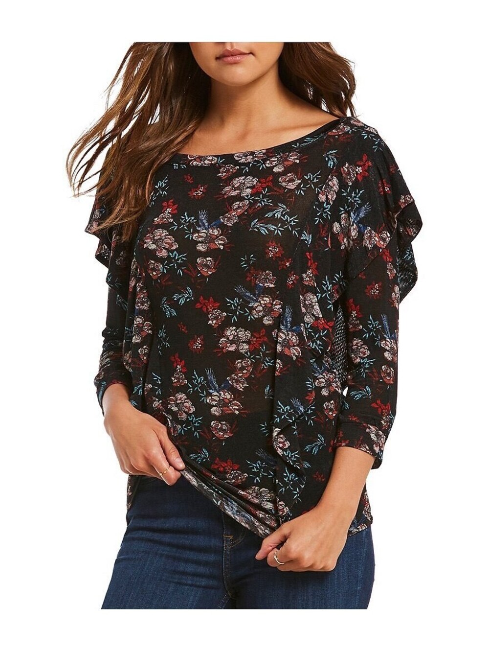 Free People Dock Street Women's Floral Semi-Sheer 3/4 Sleeve Top, Small